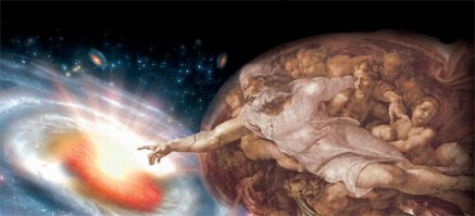 Releitura da obra "A Criação de Adão" de Michelangelo, enfatizado a ideia do Big Bang e a criação do Universo.